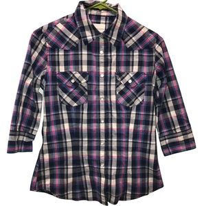 AG Adriano Goldschmied Women’s Small Slim Fit Western Plaid Shirt Snap Buttons.